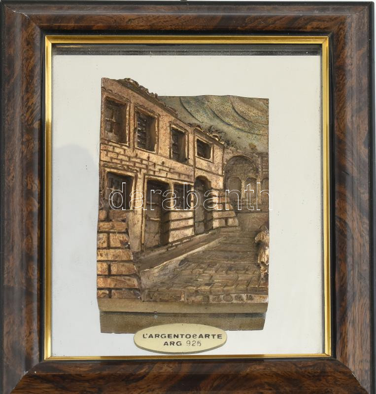 Ezüst (Ag) borítású miniatúra, jelzett, sérült kopott, keretben. 12x8cm