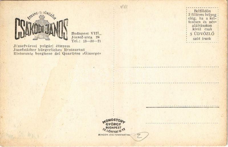 Budapest VIII. Csákodi János-féle Józsefvárosi polgári étterem, söröző, bor és sörcsarnok, belső. József utca 26. - Image 2