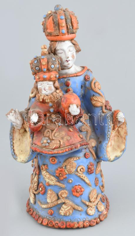 Olvashatatlan jelzés Anna???: Antik Boldog Asszony figura, sérült, ragasztott, m: 24 cm