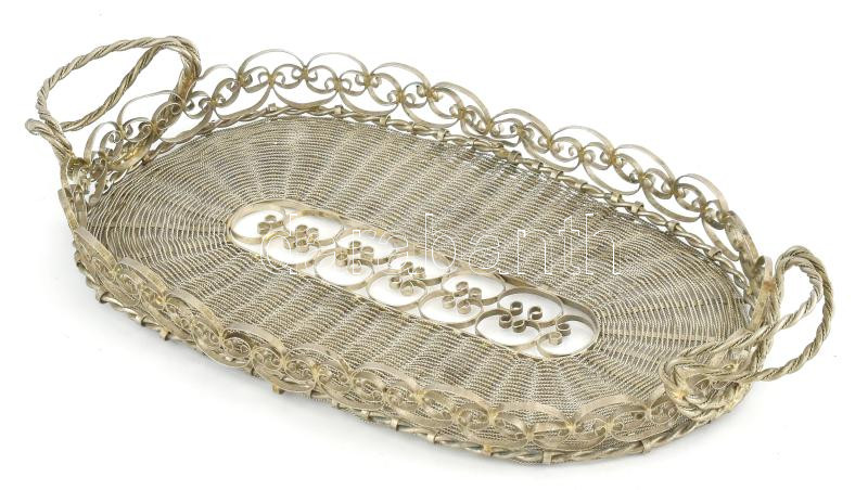 Süteményes tálca, fonott, ezüstözött drót, kopott, 15x30 cm - Image 2