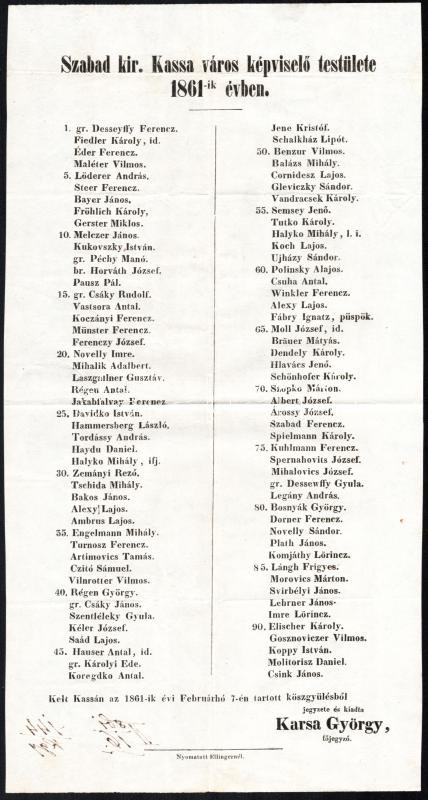 1861 Kassa, szabad kir. város képviselő-testületének névjegyzéke