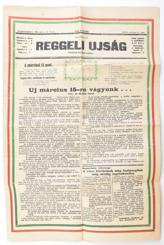 1940 Hódmezővásárhely, Reggeli Újság XXXVI. évfolyamának 61. száma