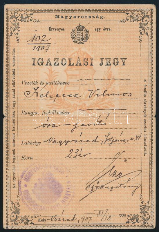1907 Nagyvárad, órajavító igazolási jegye