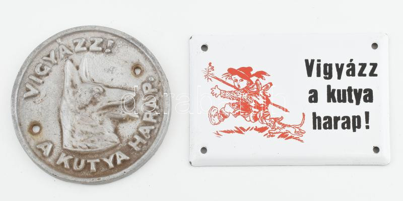 Vigyázz a kutya harap. Fém és zománc tábla d: 9 cm, 12x9 cm
