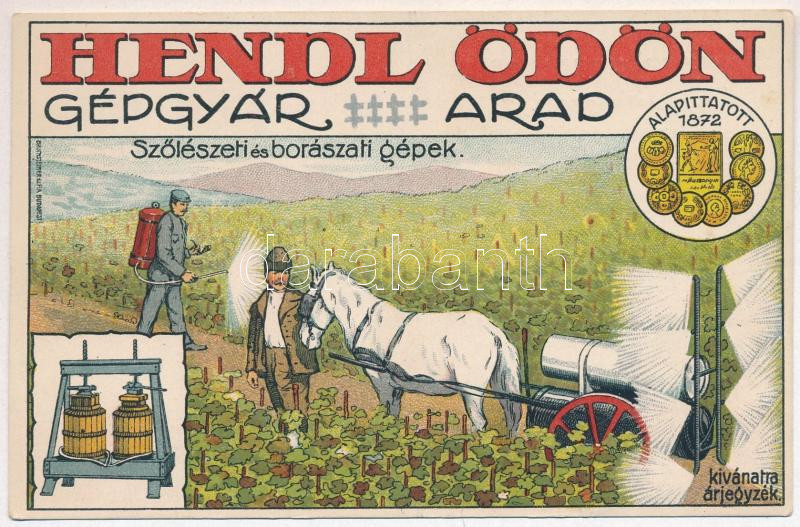 Arad, Hendl Ödön gépgyár reklámlapja. Szőlészeti és borászati gépek. Alapíttatott 1872. Bruchsteiner és Fia / Fabrici de masini de viticultura si vinicultura Edmund Hendl Arad, Str. Marasesti 47. / machine factory advertisement card,