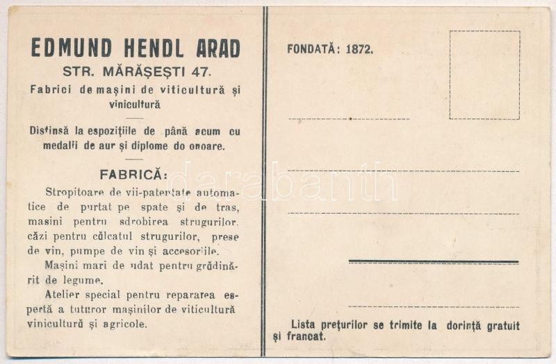 Arad, Hendl Ödön gépgyár reklámlapja. Szőlészeti és borászati gépek. Alapíttatott 1872. Bruchsteiner és Fia / Fabrici de masini de viticultura si vinicultura Edmund Hendl Arad, Str. Marasesti 47. / machine factory advertisement card, - Image 2
