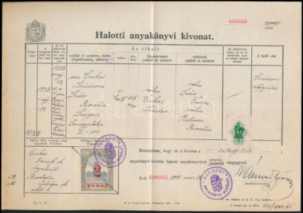 cca 1940 Szeged 2P felülnyomott helyi illetékbélyeges okmány