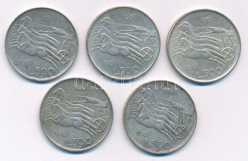 Olaszország 1961. 500L Ag 'Olasz egység századfordulója' (5x) T:2,2- patina, ph. Italy 1961. 500 Lire Ag 'Italian Unification Centennial' (5x) C:XF,VF patina, edge error Krause KM#99