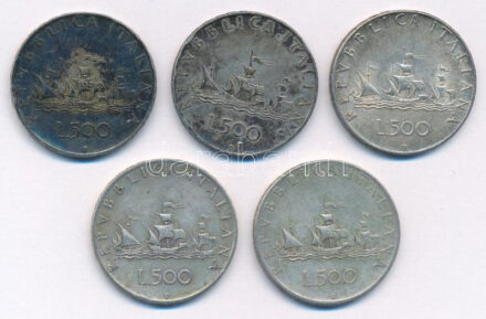 Olaszország 1959R 500L Ag 'Kolumbusz hajói' (5x) T:2,2- patina Italy 1959R 500 Lire Ag 'Columbus' ships' (5x) C:XF,VF patina Krause KM#98