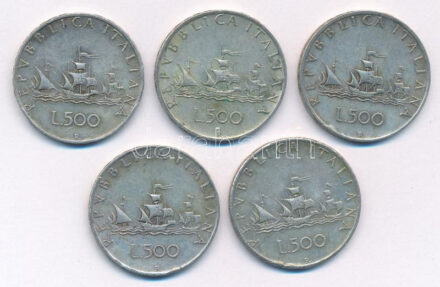 Olaszország 1960R 500L Ag 'Kolumbusz hajói' (5x) T:2,2- patina, ph. Italy 1960R 500 Lire Ag 'Columbus' ships' (5x) C:XF,VF patina, edge error Krause KM#98