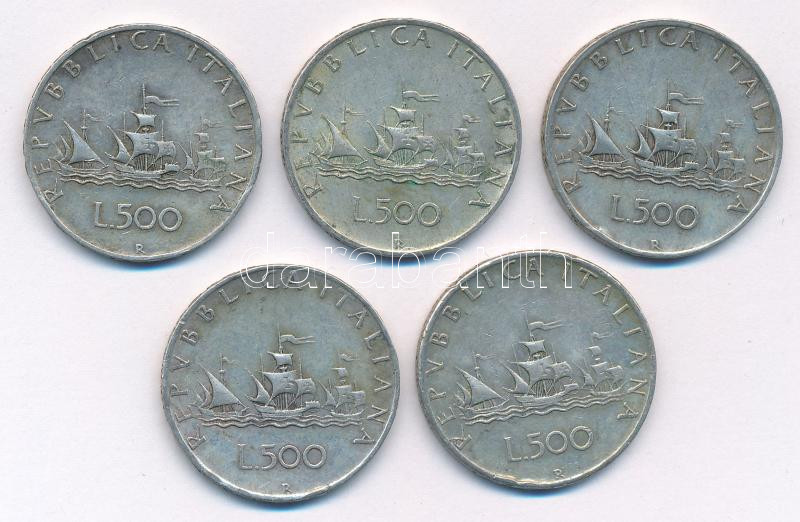 Olaszország 1960R 500L Ag 'Kolumbusz hajói' (5x) T:2,2- patina, ph. Italy 1960R 500 Lire Ag 'Columbus' ships' (5x) C:XF,VF patina, edge error Krause KM#98