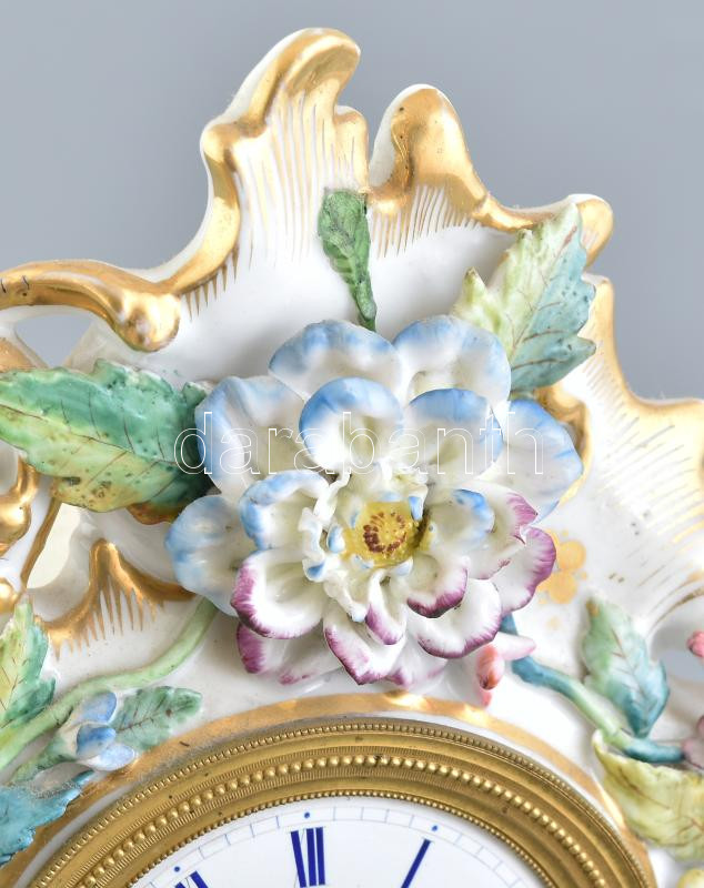 Porcelán asztali óra, mechanikus szerkezettel, nincs kipróbálva, kulcs nélkül, jelzés nélkül, lepattanásokkal, m: 32 cm - Image 3