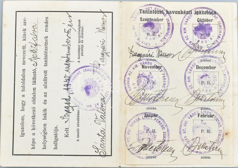 1940 Szeged-Csanádi Vasút fényképes tanuló igazolvány a Liszt Ferenc Zeneiskola pecsétjével - Image 2