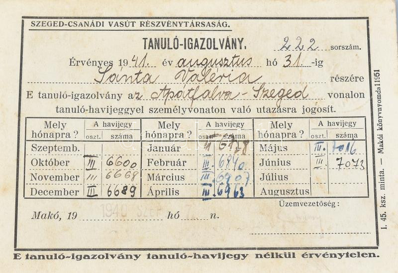 1940 Szeged-Csanádi Vasút fényképes tanuló igazolvány a Liszt Ferenc Zeneiskola pecsétjével - Image 3