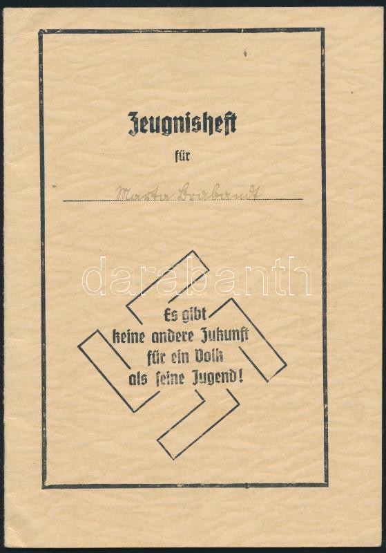 1936-1938 Zeugnisheft, iskolai leckekönyv, benne 'Hitlerjugendes' grafikával, egy leragasztott oldallal.
