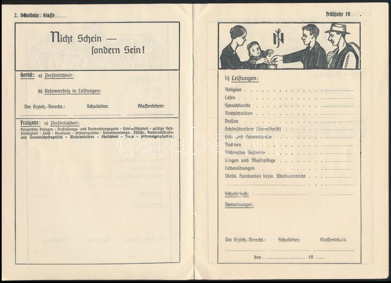 1936-1938 Zeugnisheft, iskolai leckekönyv, benne 'Hitlerjugendes' grafikával, egy leragasztott oldallal. - Image 2
