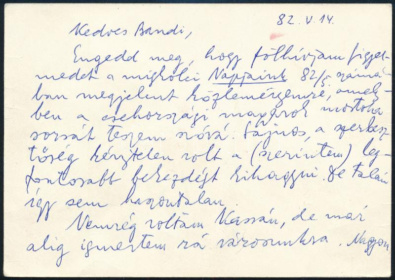 1982 Dobossy László (1910-1999) irodalomtörténész, szótáríró saját kezű sorai és aláírása egy Szirmay Endre (1920-2013) költő, író, műfordítónak szóló képeslapon. - Image 2