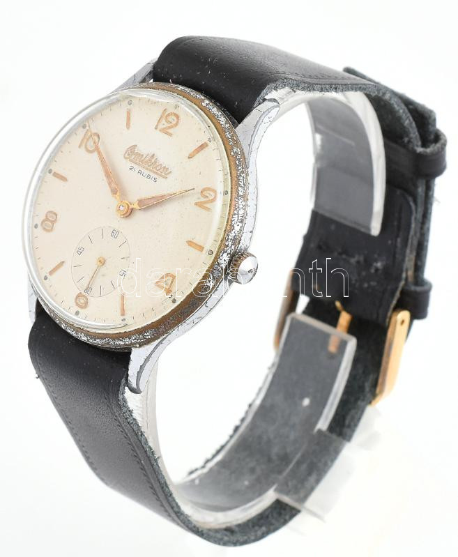 Omikron kézi felhúzós karóra. Szép számlappal, Működik, régi bőr szíjjal d: 38 mm - Image 2