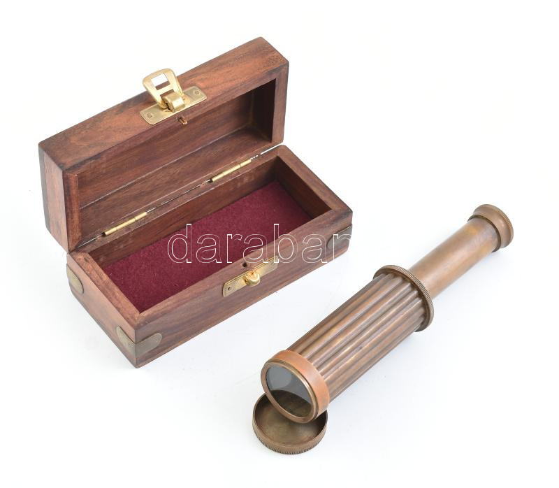 Hajós egyszemes távcső, réz, jelzés nélkül, fa tokban, h: 10 cm