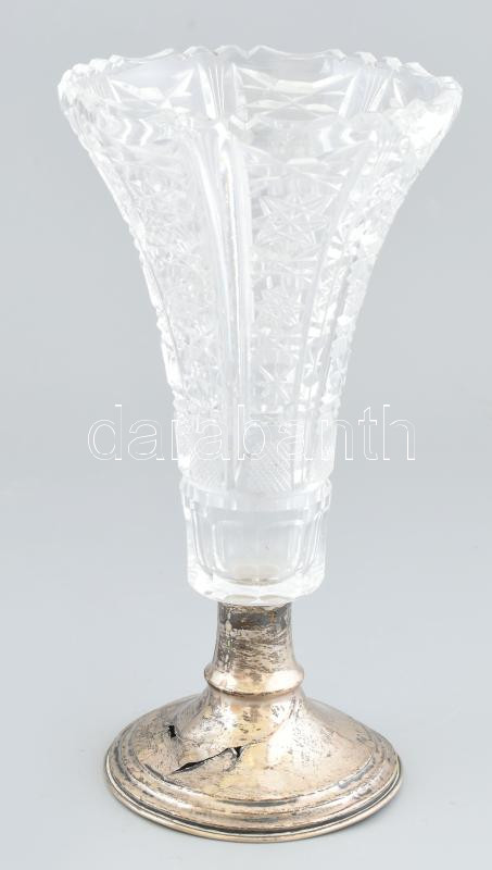 Ezüst (Ag) talpas kristály váza, erősen sérült, m: 25 cm