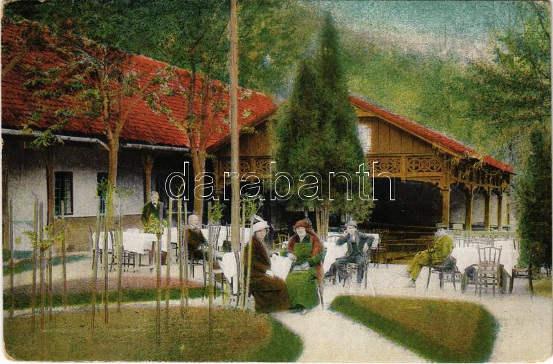 Miskolctapolca, Görömbölytapolca, Görömbölyi-Tapolca, Tapolca (Miskolc); Fürdő és vendéglő, kert vendégekkel és pincérrel. Grünwald Ignác kiadása (kopott sarkak / worn corners)
