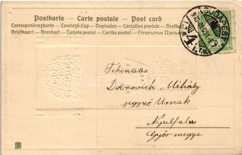 1906 Boldog Újévet! / New Year greeting art postcard. Art Nouveau, Emb. litho (EK) - Image 2
