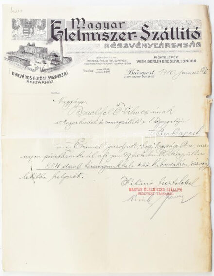 1910 Magyar Élelmiszer Szállító Rt dekoratív fejléces, címeres számla, 30 fillér okmánybélyeggel