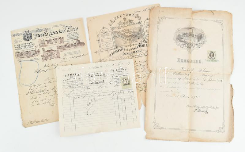 cca 1850-1870 Pest, Kassa 4 db fejléces számla: malom, lámpaolaj, bútor. Vegyes állapotban