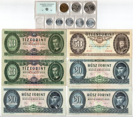 1962-1969. 10Ft (2xklf) + 1975. 20Ft + 1980. 20Ft (2x) + 1989. 50Ft + 1980. 5f-10Ft (8xklf) hiányos forgalmi sor fóliatokban T:III, 1 patina, a 2 filléres hiányzik