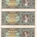 1945. 100.000P (3x) sorszámkövetők 'M 539 049078 - M 539 049080' T:I-,II folt Adamo P24