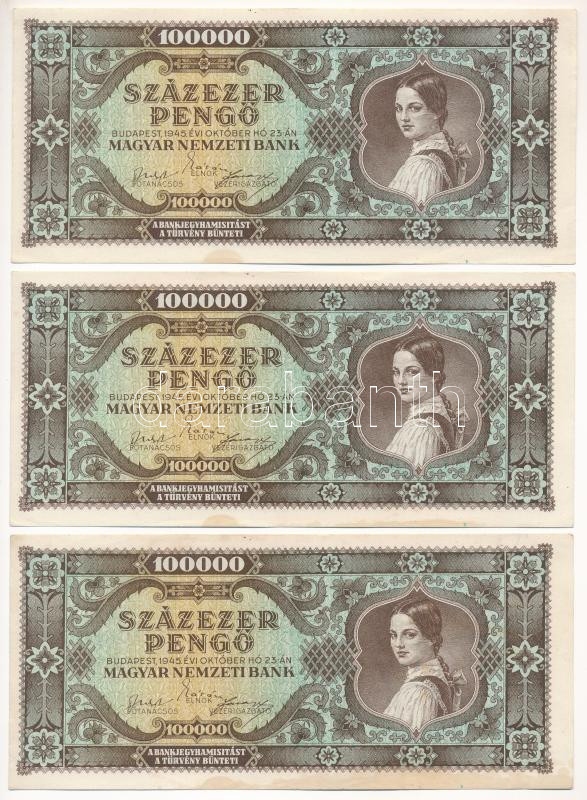 1945. 100.000P (3x) sorszámkövetők 'M 539 049078 - M 539 049080' T:I-,II folt Adamo P24