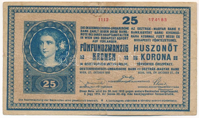 1918. 25K '1112' 2mm, hullámos hátlappal T:III,III- folt, kis szakadás, nagyobb tűly. Adamo K22B