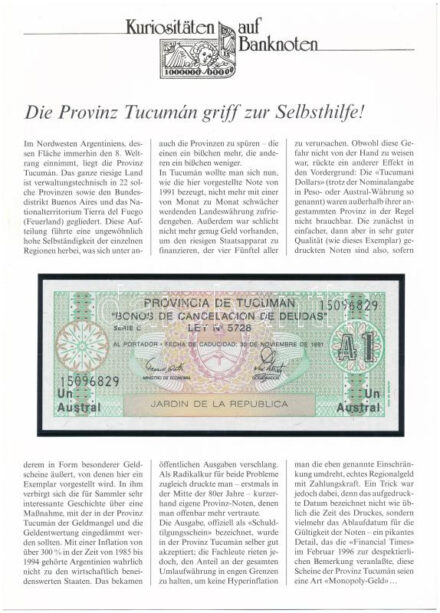 Argentína / Tucuman 1988. 1A német nyelvű leírással T:I Argentina / Tucuman 1988. 1 Austral with german description C:UNC Krause P# S2711