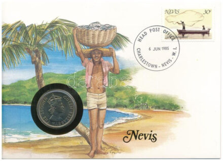 Kelet-Karibi Államok / Nevis 1965. 50c Cu-Ni 'II. Erzsébet' felbélyegzett borítékban, bélyegzéssel, német nyelvű leírással T:UNC East Caribbean States / Nevis 1965. 50 Cents Cu-Ni 'Elizabeth II' in envelope with stamp and cancellation,
