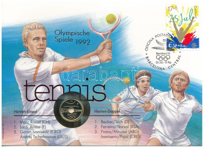 Spanyolország 1991. 25p Ni-Br '1992 Olimpiai Játékok' 'Tenisz' borítékban, bélyeggel és bélyegzéssel, német nyelvű leírással T:1- Spain 1991. 25 Pesetas Ni-Br '1992 Olimpics' in 'Tennis' envelope with stamps, with german language