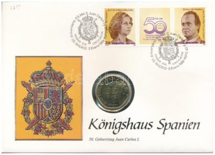 Spanyolország 1987. 500P Al-Br 'János Károly és Zsófia', 'Spanyol királyi ház' érmés borítékban, bélyeggel, bélyegzéssel, német nyelvű leírással T:AU,XF Spanyolország 1987. 500 Peseta Al-Br 'Juan Carlos and Sofia' in 'Spanish