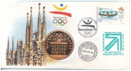 Magyarország 1992. Papp László (1947-) 'Barcelonai Olimpia- Magyar Csapat' bronz emlékérem érmés borítékban, bélyeggel, első napi és alkalmi bélyegzéssel (42,5mm) T:1