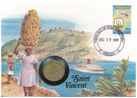 Kelet-Karibi Államok / Saint Vincent 1981. 1$ Al-bronz felbélyegzett borítékban, bélyegzéssel, német nyelvű leírással T:2- patina Eastern Caribbean States / St. Vincent 1981. 1 Dollar Al-bronze in envelope with stamp and cancellation,