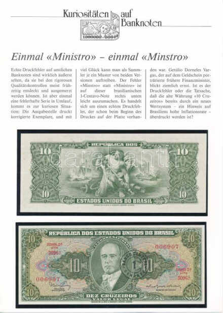 Brazília 1967. 10C '1 CENTAVO' felülbélyegzéssel (2x), német nyelvű leírással T:I- Brazil 1967. 10 Cruzeiros with '1 CENTAVO' overprint (2x), with german description C:AU Krause 183