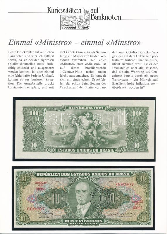 Brazília 1967. 10C '1 CENTAVO' felülbélyegzéssel (2x), német nyelvű leírással T:I- Brazil 1967. 10 Cruzeiros with '1 CENTAVO' overprint (2x), with german description C:AU Krause 183