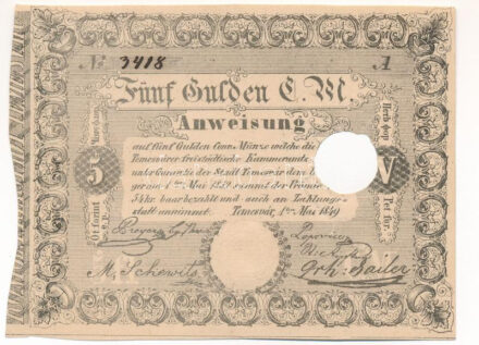 Temesvár 1849.05.01. 5G 'A 3418' érvénytelenítő lyukasztással T:I- kis szakadások a lyuk körül Hungary / Temesvár (Timisoara) 1849. 5 Gulden 'A 3418' cancelled with hole C:AU small tears around the hole Adamo TEM-1.1.1