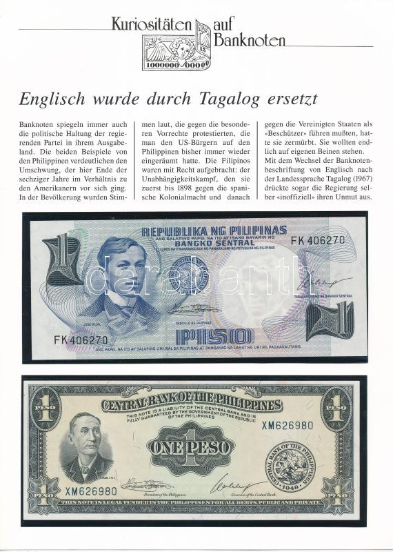 Fülöp-szigetek 1951-1970. 1P + 1969. 1P német nyelvű leírással T:I Philippines 1951-1970. 1 Peso + 1969. 1 Piso with german description C:UNC Krause P# 142, P# 133