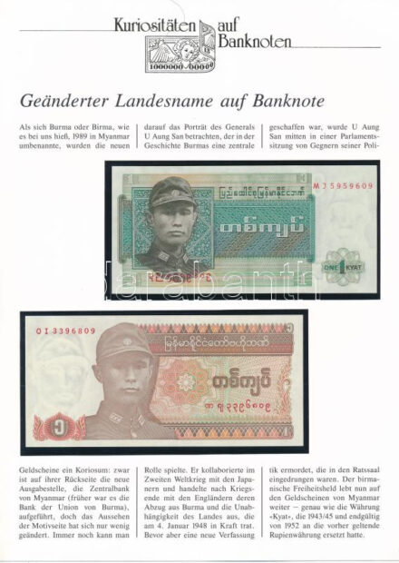 Burma 1972. 1K + Mianmar 1990. 1K német nyelvű leírással T:I- Burma 1972. 1 Kyat + Mianmar 1990. 1 Kyat with german description C:AU Krause P#67, Krause P#56