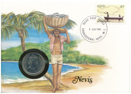 Kelet-Karibi Államok / Nevis 1965. 50c Cu-Ni 'II. Erzsébet' felbélyegzett borítékban, bélyegzéssel, német nyelvű leírással T:1 East Caribbean States / Nevis 1965. 50 Cents Cu-Ni 'Elizabeth II' in envelope with stamp and cancellation,