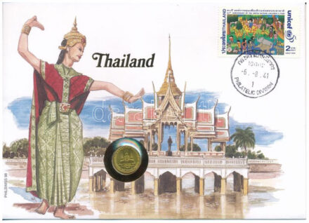 Thaiföld 1982. 5B Cu-Ni 'IX. Ráma' érmés, felbélyegzett borítékban, bélyegzéssel, német nyelvű leírással T:2 Thailand 1982. 5 Baht Cu-Ni 'Rama IX' in envelope with stamp and cancellation, with German description C:XF Krause Y#160