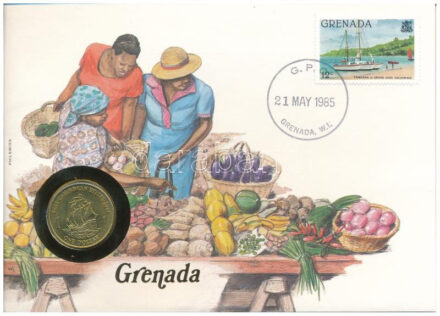 Kelet-Karibi Államok / Grenada 1981. 1$ Al-bronz felbélyegzett borítékban, bélyegzéssel, német nyelvű leírással T:1- East Caribbean States / Grenada 1981. 1 Dollar Al-bronze in envelope with stamp and cancellation, with German description