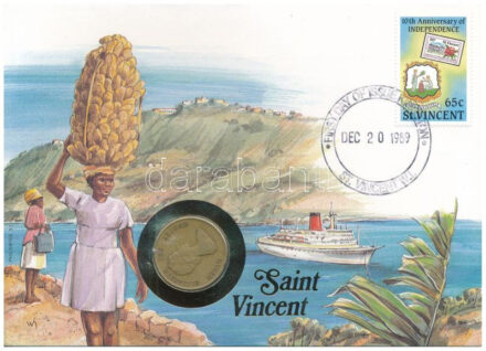 Kelet-Karibi Államok / Saint Vincent 1981. 1$ Al-bronz felbélyegzett borítékban, bélyegzéssel, német nyelvű leírással T:VF patina Eastern Caribbean States / St. Vincent 1981. 1 Dollar Al-bronze in envelope with stamp and cancellation,