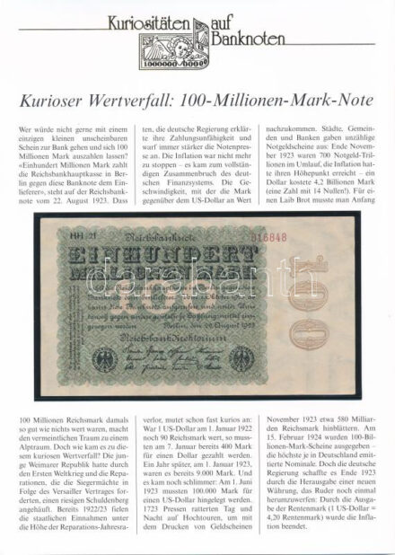 Németország / Weimari Köztársaság 1923. 100.000.000M német nyelvű leírással T:III Germany / Weimar Republic 1923. 100.000.000 Mark with german description C:F Krause P#107