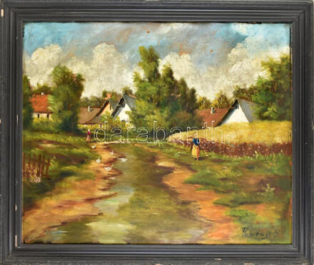 Reményi jelzéssel: Libapásztorlány. Olaj, karton. Dekoratív, sérült fakeretben. 70x85cm