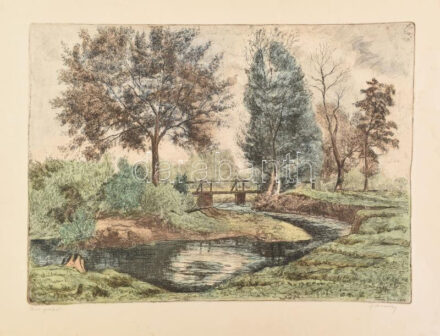 Jánossy Ferenc (1926-1982): Kis patak. Színezett rézkarc, papír, jelzett, lap széle kissé foltos, 31x42,5cm